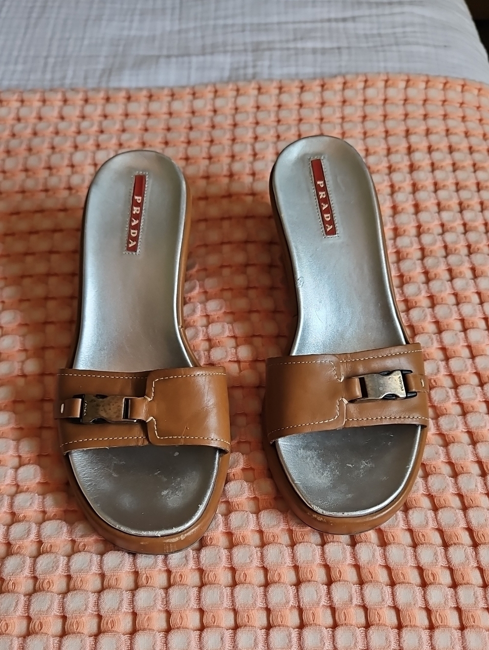 Prada Women's Tan Leather Slide Sandals